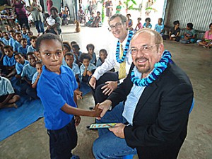 The chair of the directors of the foundation, John Bottoms and director Rio Fiocco at the O'Connor Community School in July 2013.
